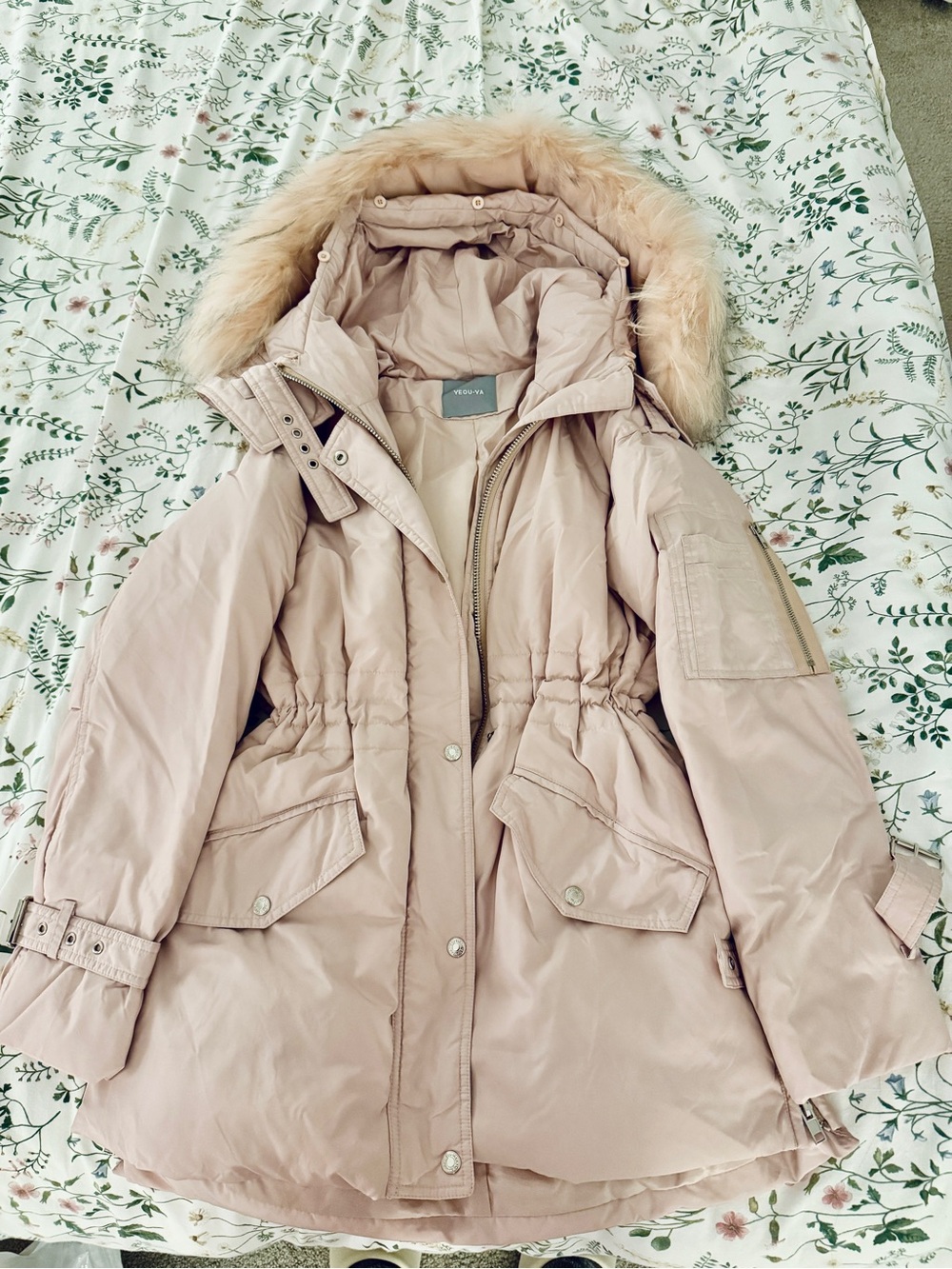 Women's Pink Down Puffer Parka with Fur Detachable Hood